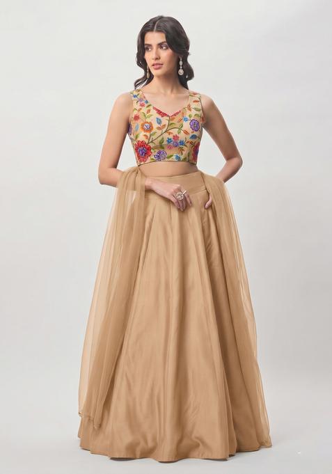Beige Embroidered Silk Blend Lehenga Set