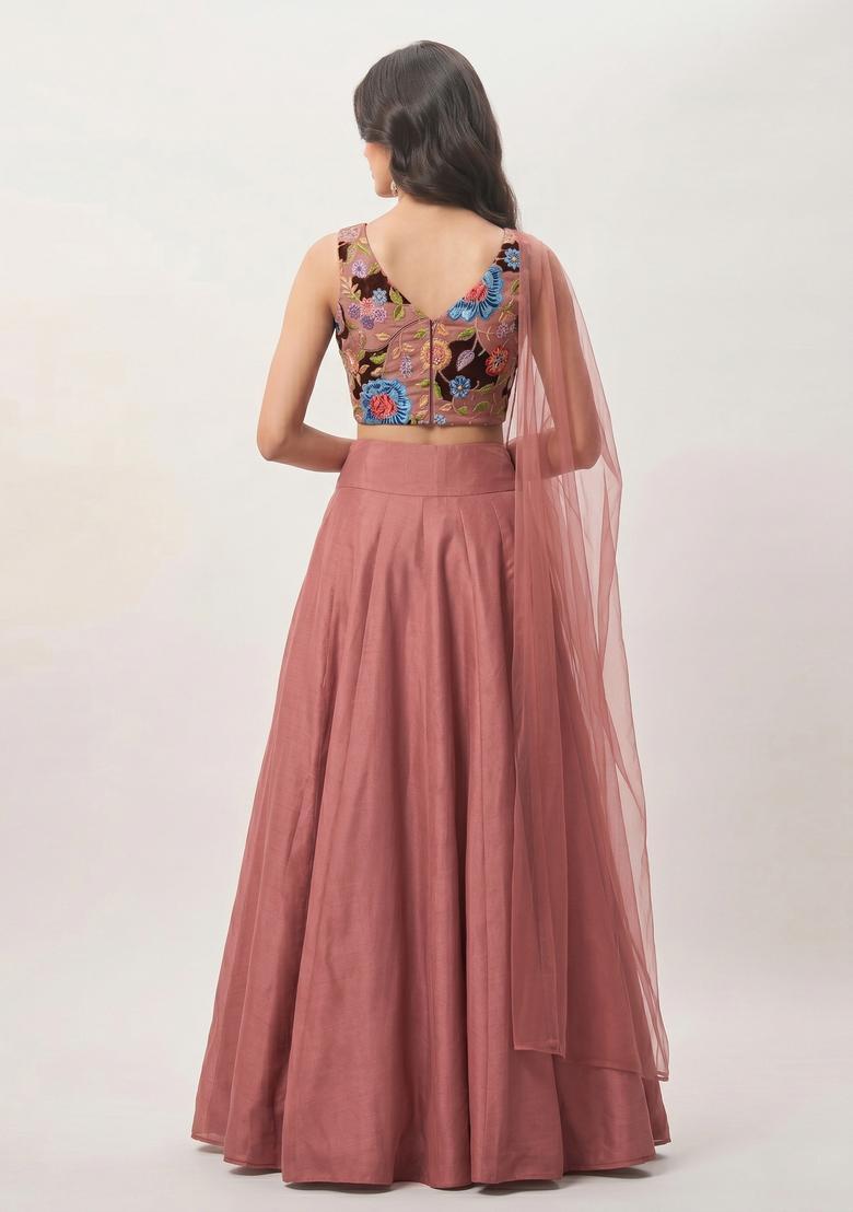 Dusty Rose Printed Crepe Lehenga Set - Indya