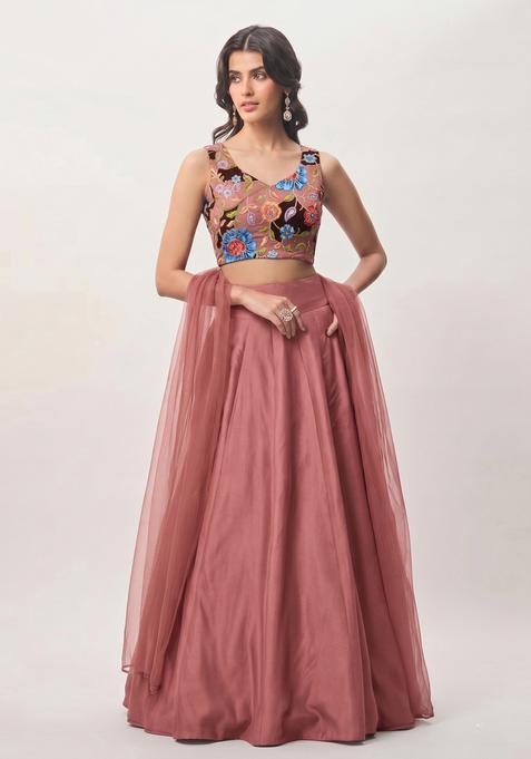 Dusty Rose Embroidered Silk Blend Lehenga Set
