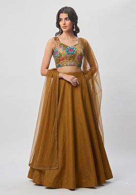 Mustard Printed Crepe Lehenga Set