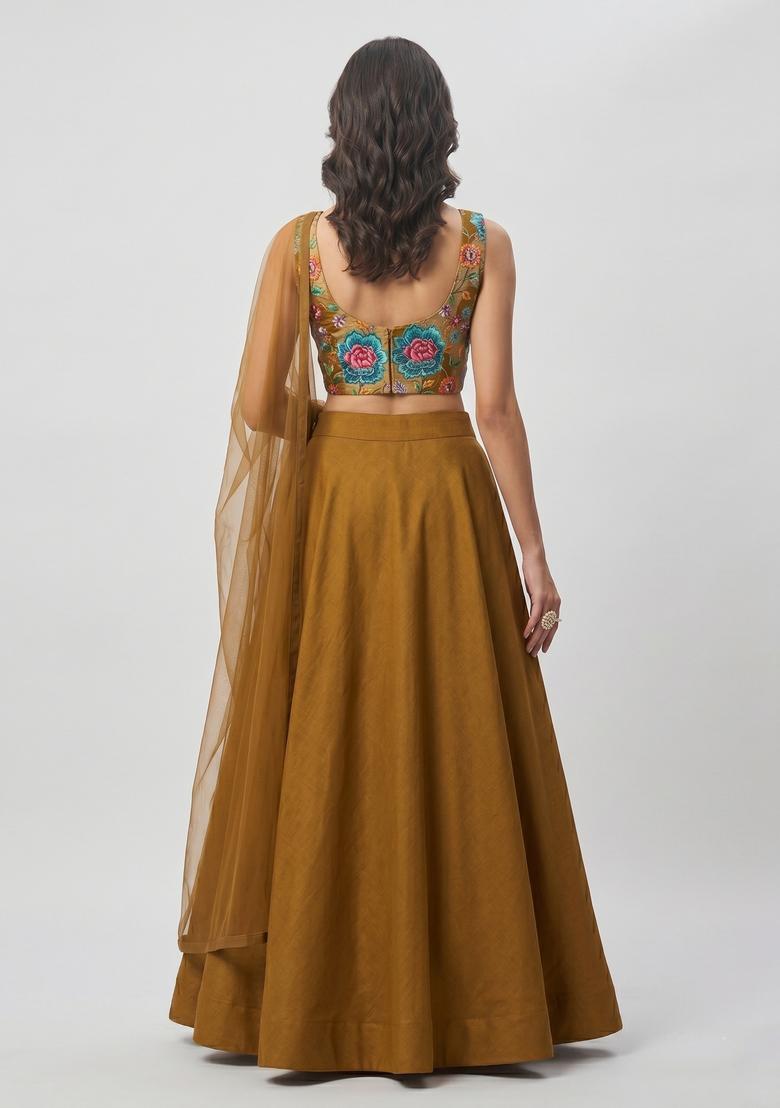 Mustard Printed Crepe Lehenga Set - Indya