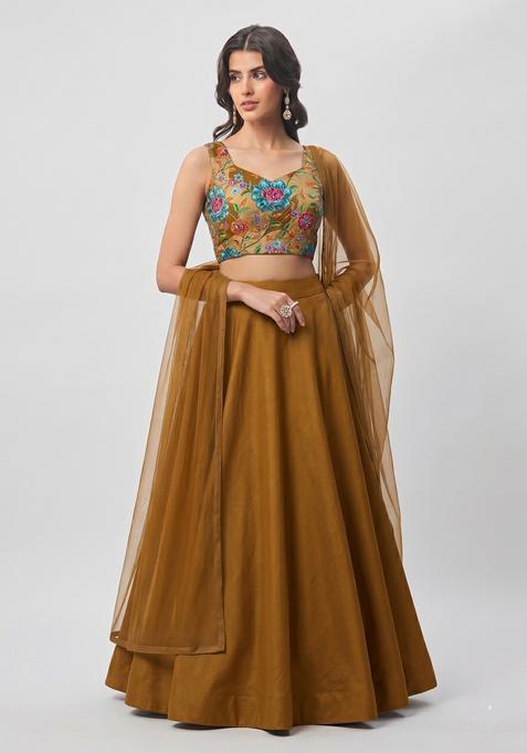 Mustard Embroidered Silk Blend Lehenga Set