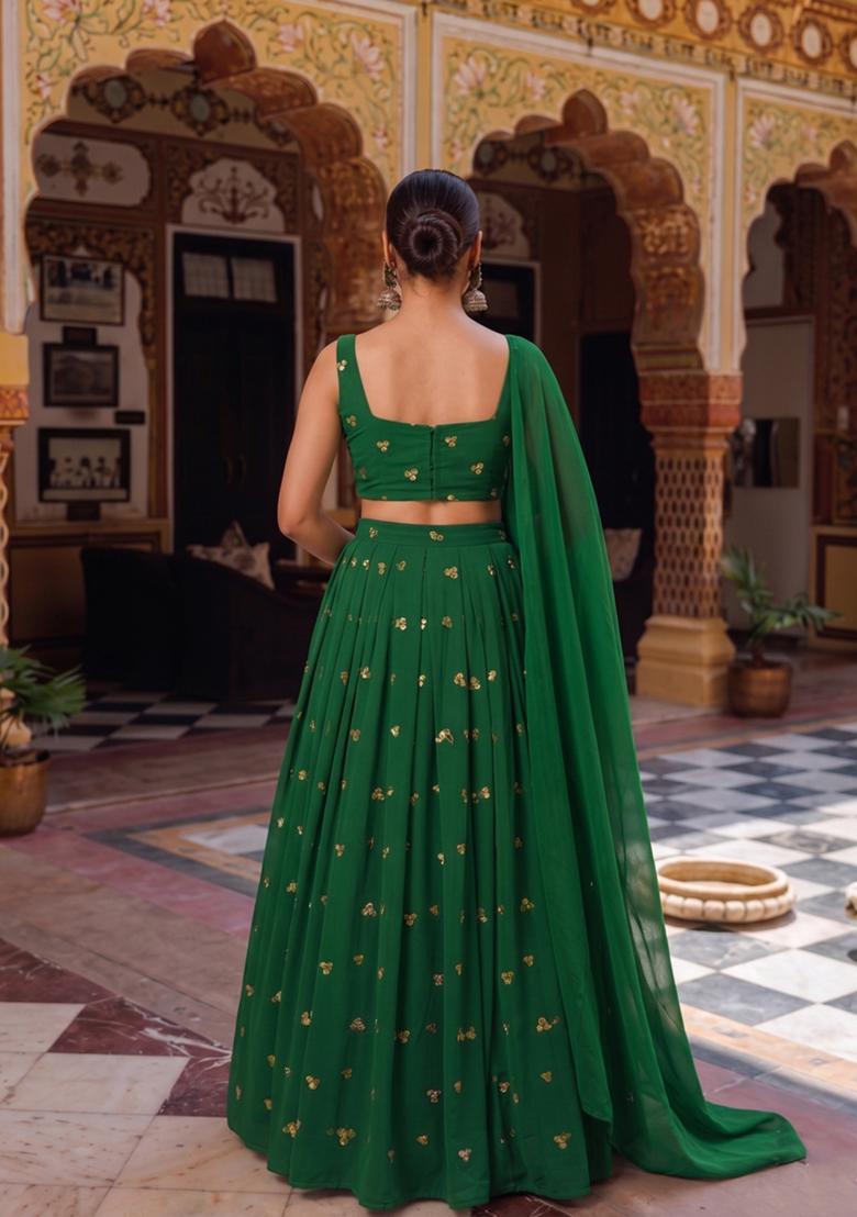 Bottle Green Sequin Georgette Lehenga Set - Indya
