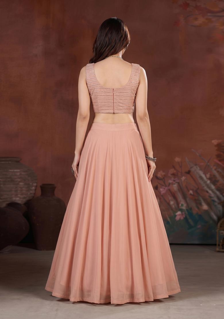 Peach Sequin Silk Blend Lehenga Set - Indya