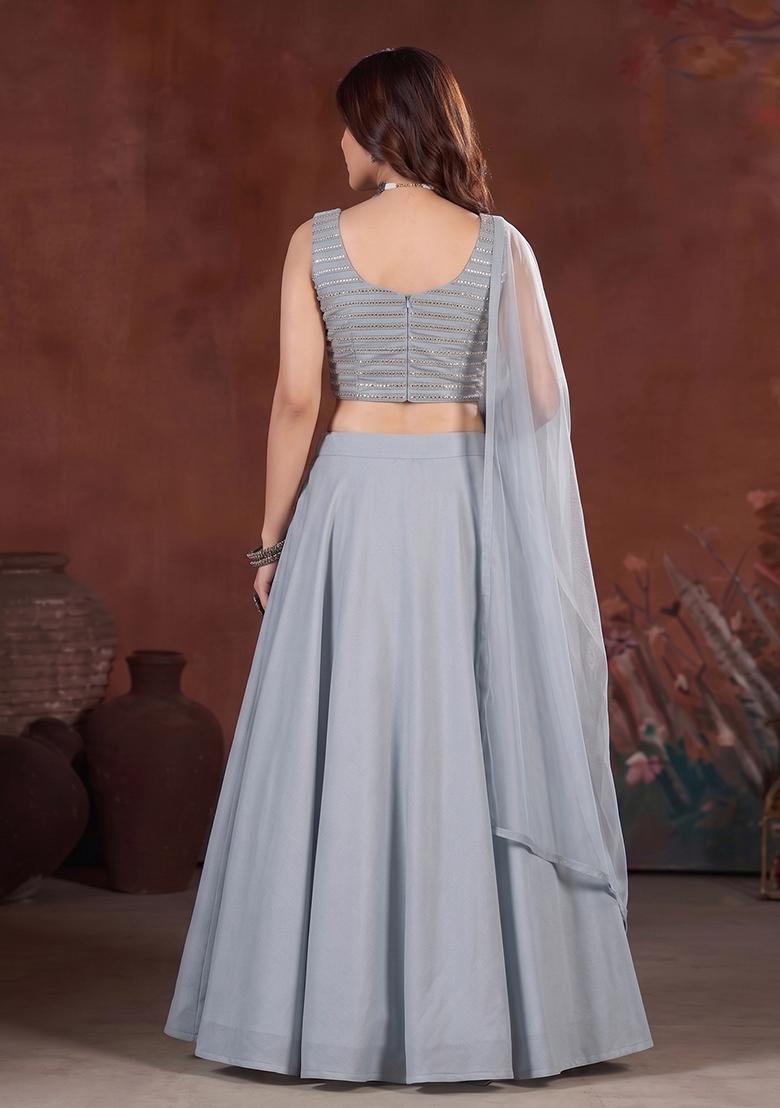 Steel Grey Sequin Silk Blend Lehenga Set - Indya