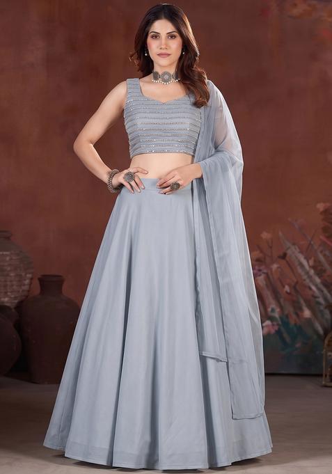Steel Grey Sequin Work Silk Blend Lehenga Set