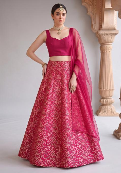 Rani Pink Zari Work Silk Blend Lehenga Set