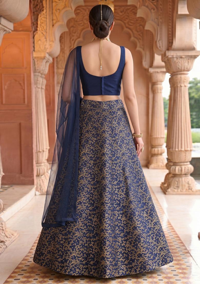 Navy Blue Jacquard Brocade Lehenga Set - Indya