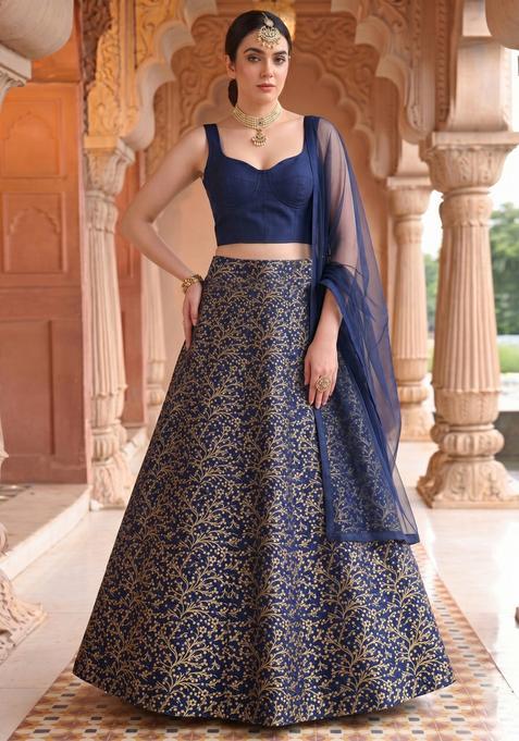 Navy Blue Jacquard Brocade Lehenga Set