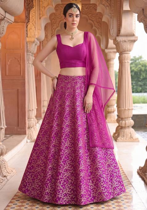 Magenta Zari Work Silk Blend Lehenga Set
