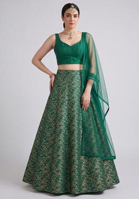 Bottle Green Jacquard Brocade Lehenga Set