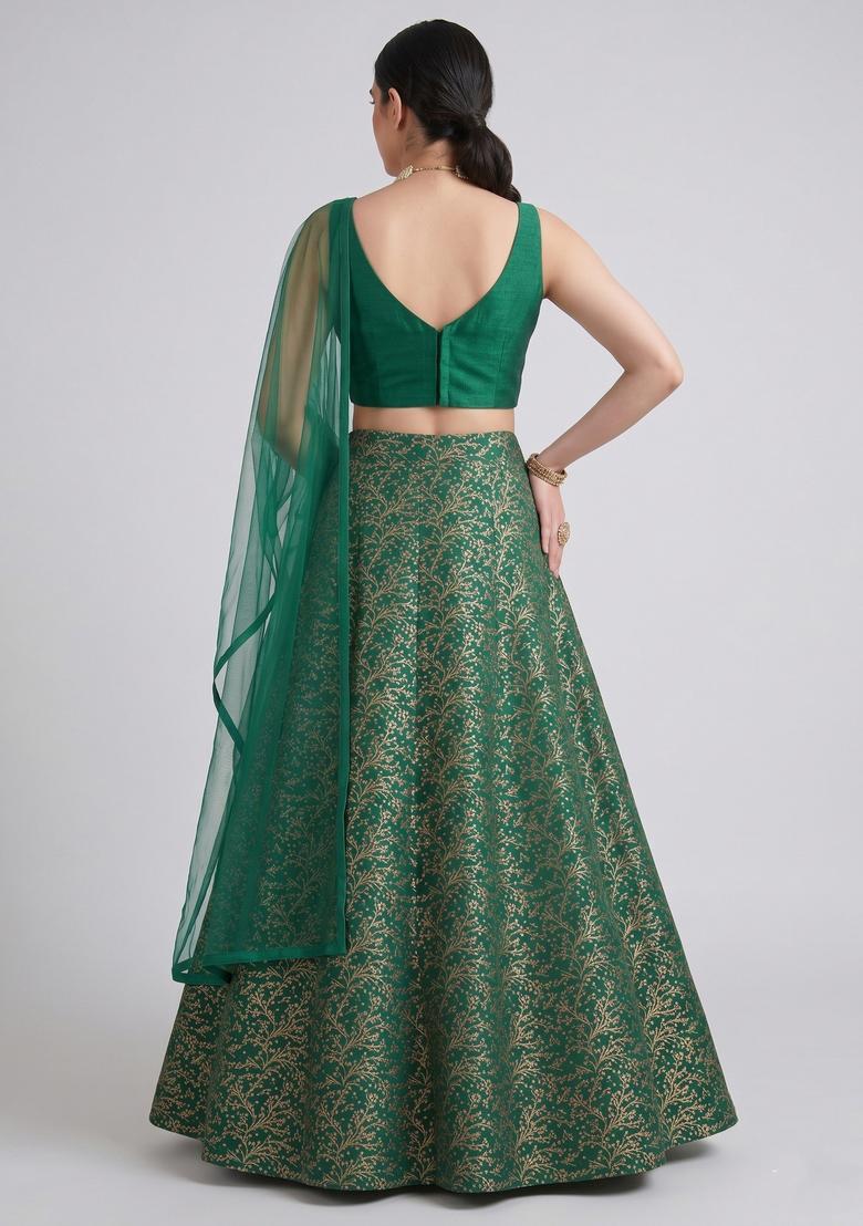 Bottle Green Jacquard Brocade Lehenga Set - Indya
