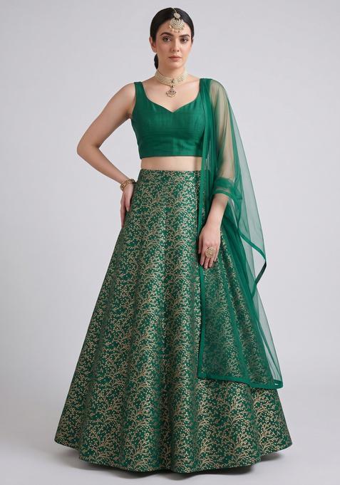 Bottle Green Jacquard Brocade Lehenga Set