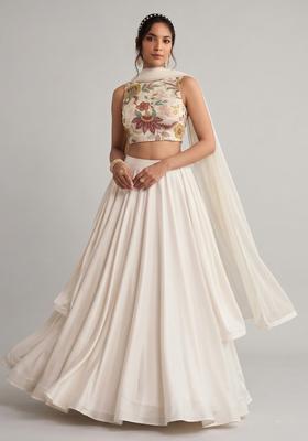 Cream Embroidered Organza Lehenga Set