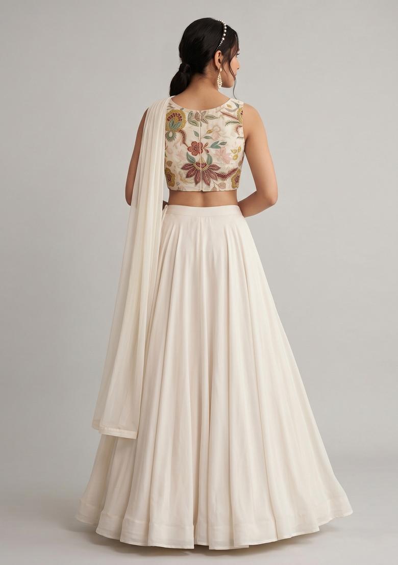 Cream Embroidered Organza Lehenga Set - Indya