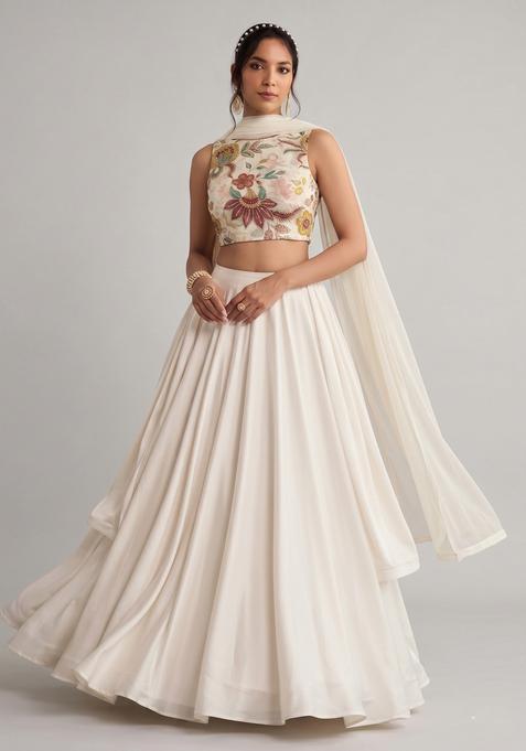 Cream Embroidered Silk Blend Lehenga Set