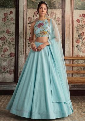 Sky Blue Embroidered Organza Lehenga Set