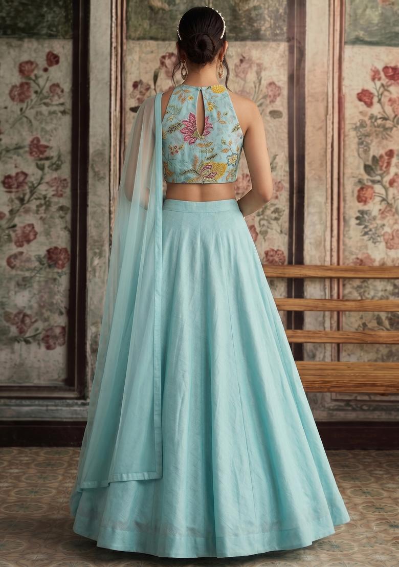 Sky Blue Embroidered Organza Lehenga Set - Indya