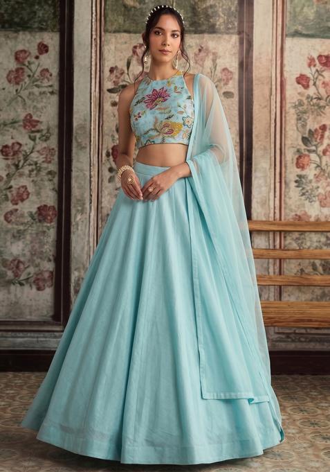 Sky Blue Embroidered Handwork Silk Blend Lehenga Set