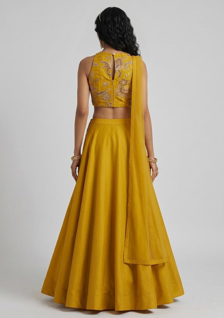 Mustard Embroidered Organza Lehenga Set - Indya