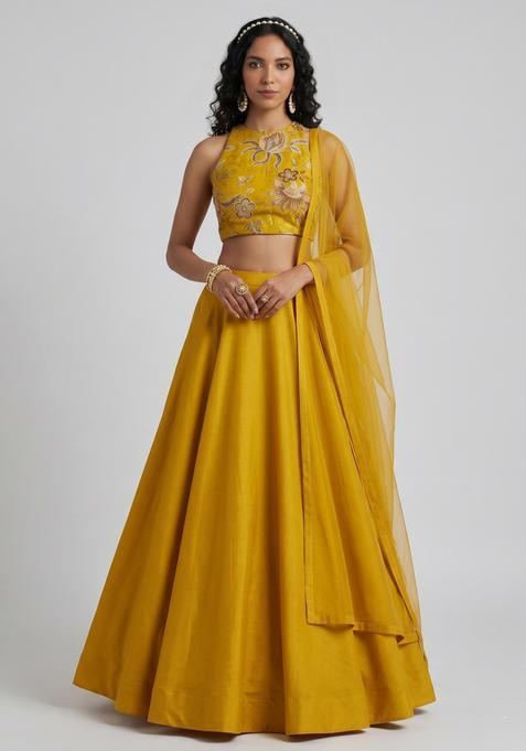 Mustard Embroidered Organza Lehenga Set