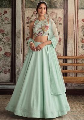Mint Green Embroidered Organza Lehenga Set