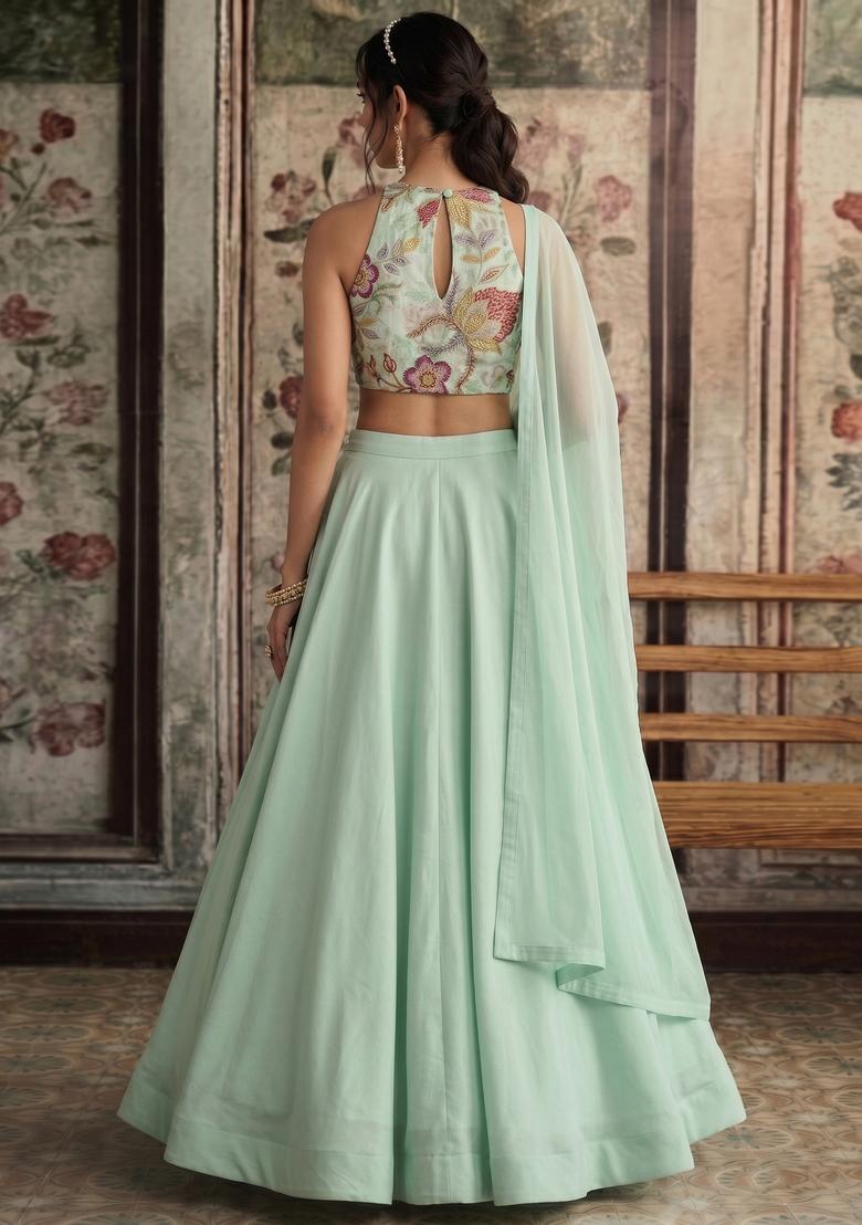 Mint Green Embroidered Organza Lehenga Set - Indya