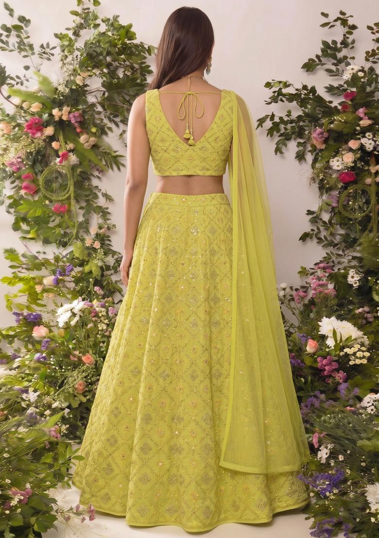 Mint Green Mirror Sequin Georgette Lehenga Set - Indya