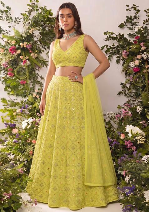 MInt Green Mirror Embellished Georgette Lehenga Set