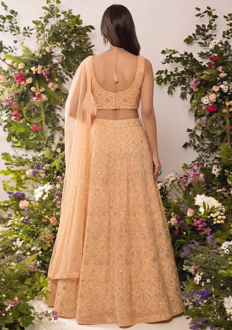 Camel Mirror Sequin Georgette Lehenga Set - Indya