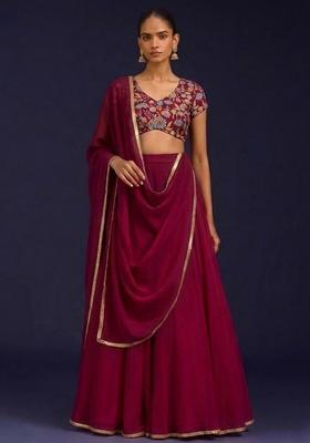 Burgundy Embroidered Handwork Lehenga Set