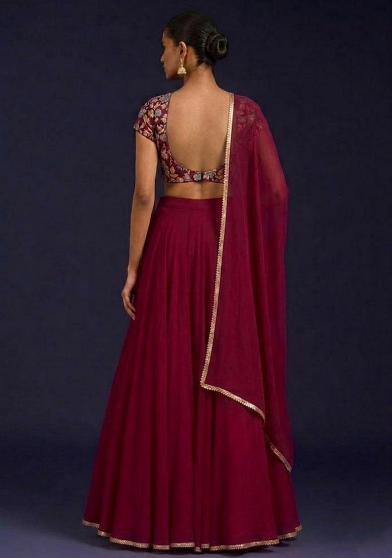Burgundy Embroidered Handwork Lehenga Set - Indya