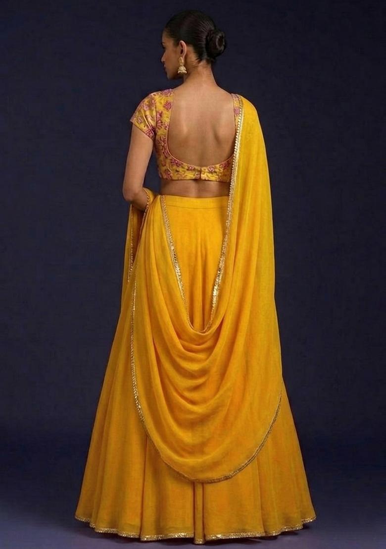 Mustard Embroidered Handwork Lehenga Set - Indya