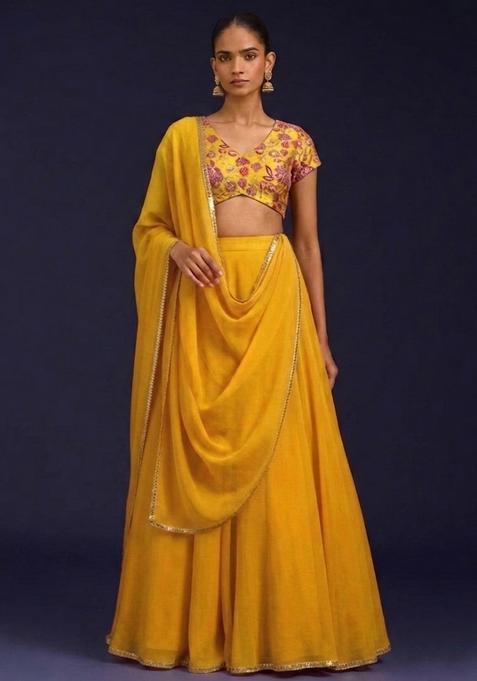 Yellow solid Handwork Lehenga Set
