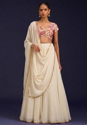 Off White Embroidered Handwork Lehenga Set