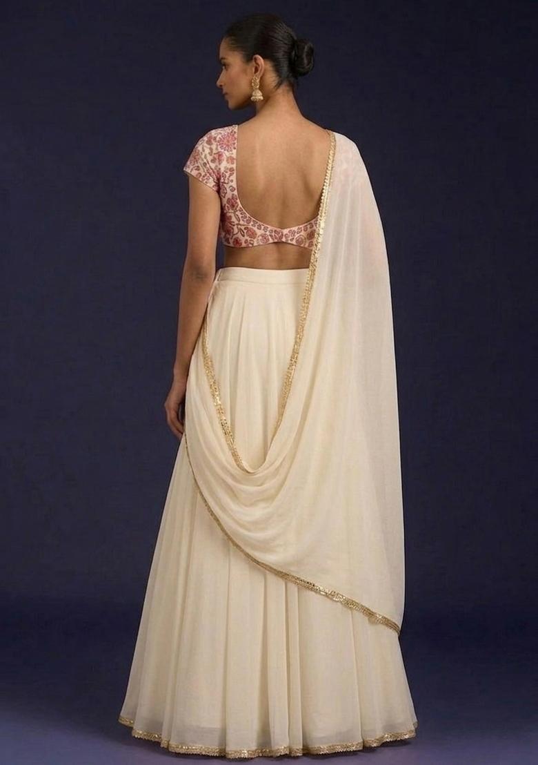 Off White Embroidered Handwork Lehenga Set - Indya