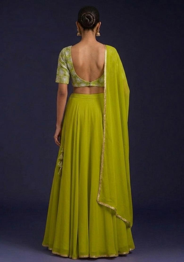 Lime Green Sequin Embroidered Handwork Lehenga Set - Indya