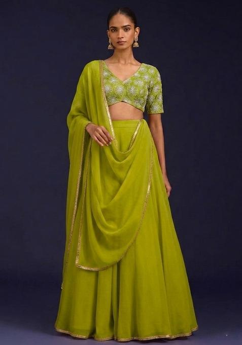 Green solid Handwork Lehenga Set