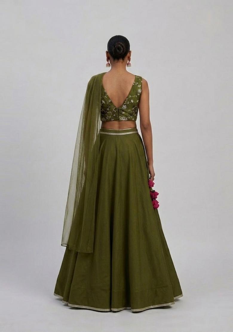 Olive Green Embroidered Handwork Lehenga Set - Indya