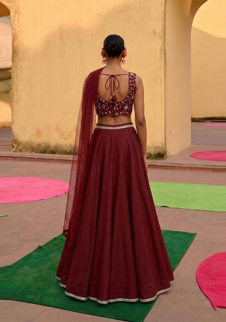 Maroon Embroidered Handwork Lehenga Set - Indya