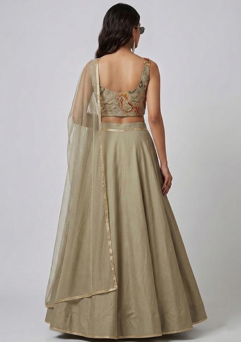 Sand Beige Embroidered Handwork Lehenga Set - Indya