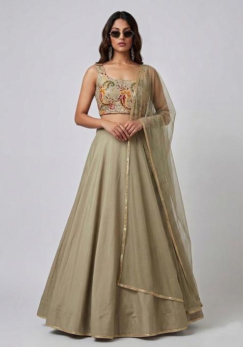 Beige Printed Handwork Lehenga Set