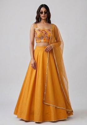 Mustard Yellow Embroidered Handwork Lehenga Set