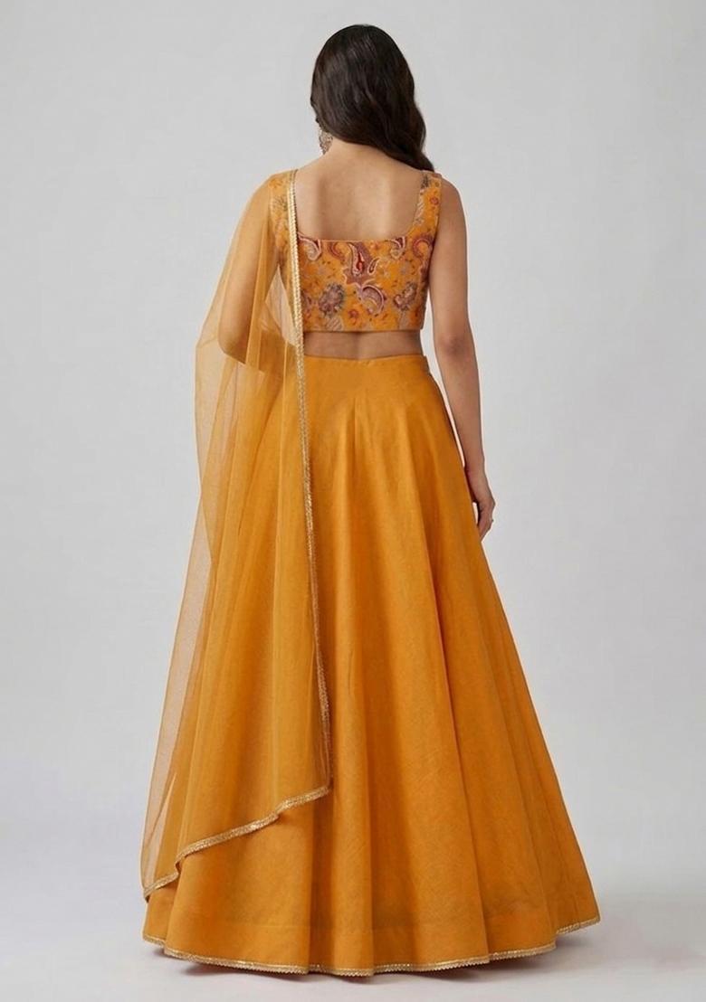 Mustard Yellow Embroidered Handwork Lehenga Set - Indya
