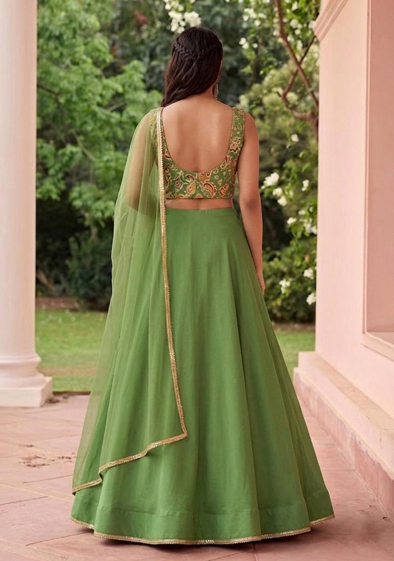 Green Embroidered Handwork Lehenga Set - Indya