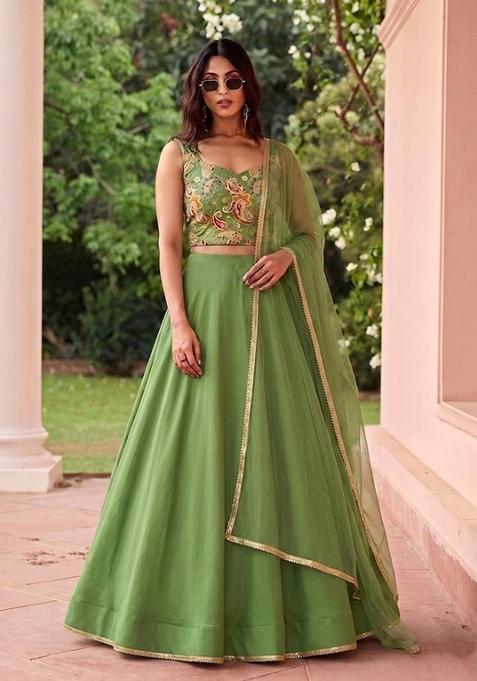 Green Printed Handwork Lehenga Set