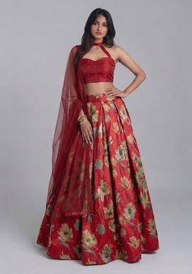 Deep Red Embroidered Handwork Lehenga Set