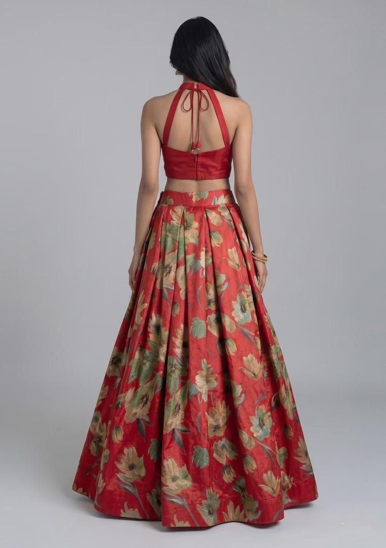 Deep Red Embroidered Handwork Lehenga Set - Indya