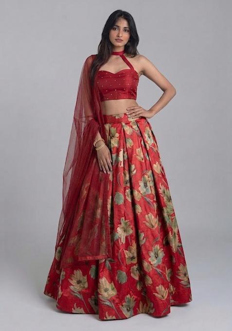 Red Floral Print Handwork Lehenga Set