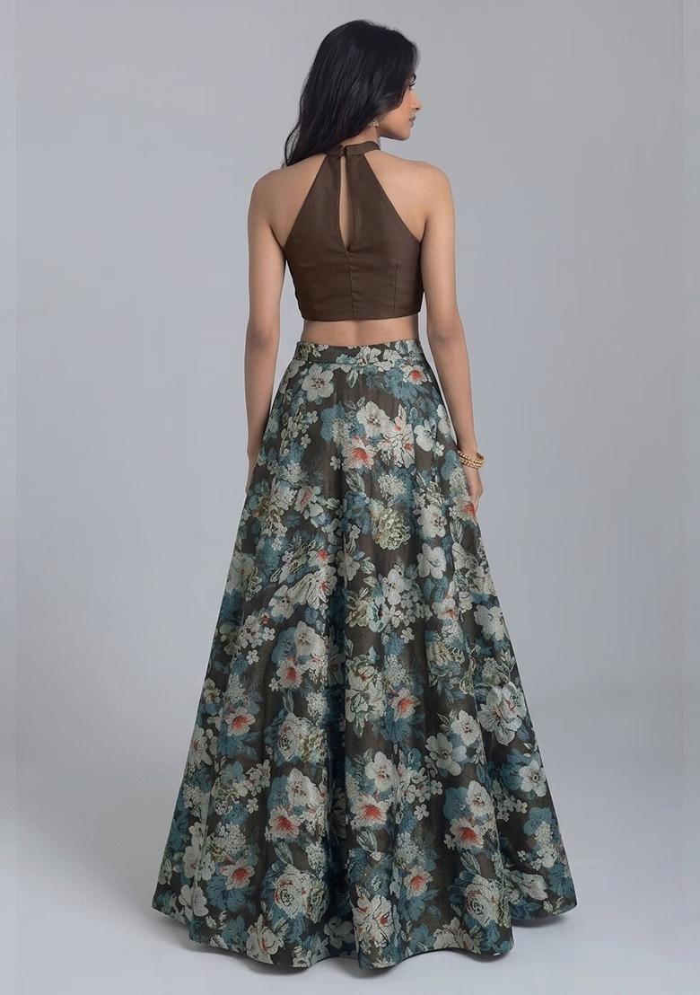 Dark Brown Embroidered Handwork Lehenga Set - Indya